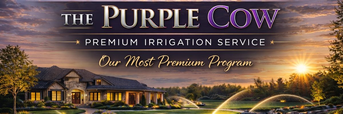 The Purple Cow premium irrigation service banner featuring a well-maintained home with lush landscaping and sprinkler systems in action, emphasizing the program's focus on optimal irrigation performance.
